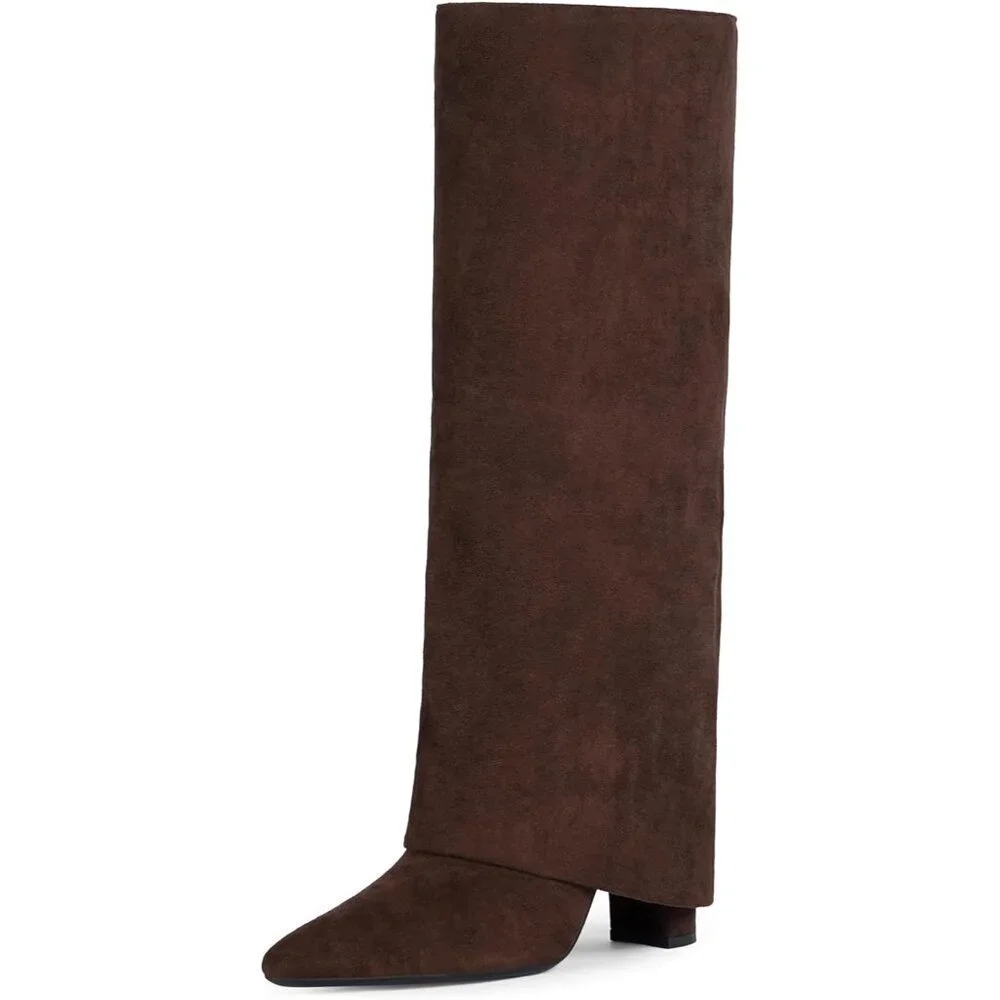 Women Suede Chocolate Faux Leather Fold Over Knee High Chunky High Heels Boot